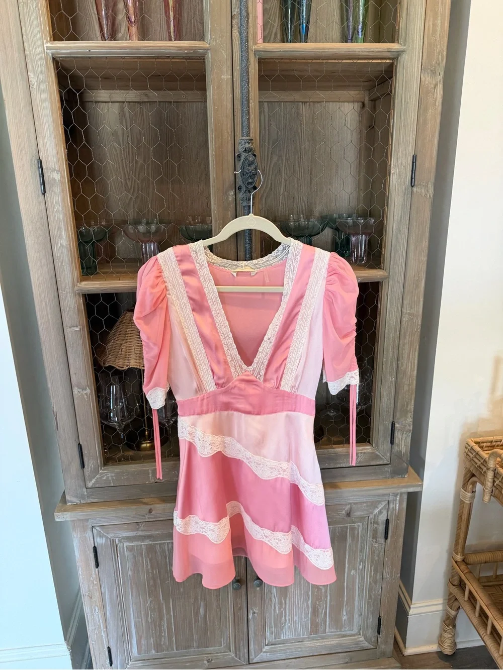 LoveShackFancy Pink Satin Lace-Trim Mini Dress - Picture 3 of 3